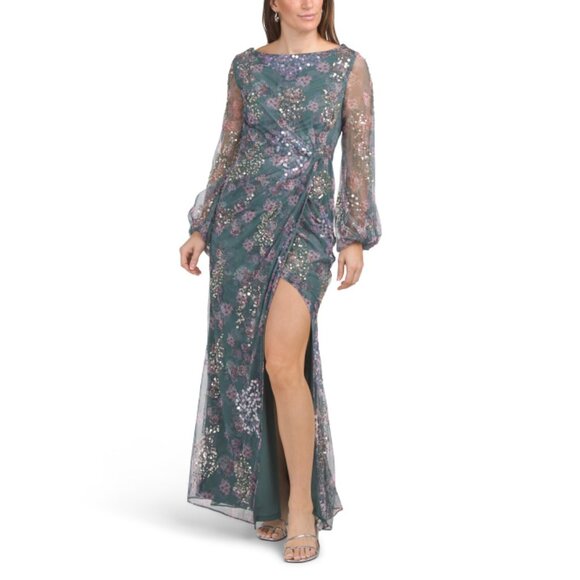 MAC DUGGAL Grey Multi Long Sleeve Sequin Embellished Gown - Picture 1 of 2